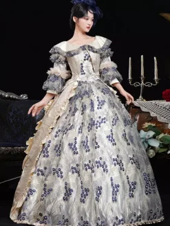 Costumes rétro bleus pour femmes imprimé floral volants fleurs polyester robe de costume Marie Antoinette couvre-chef vêtements rétro vintage