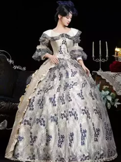 Costumes rétro bleus pour femmes imprimé floral volants fleurs polyester robe de costume Marie Antoinette couvre-chef vêtements rétro vintage