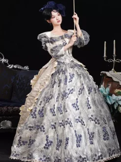 Costumes rétro bleus pour femmes imprimé floral volants fleurs polyester robe de costume Marie Antoinette couvre-chef vêtements rétro vintage