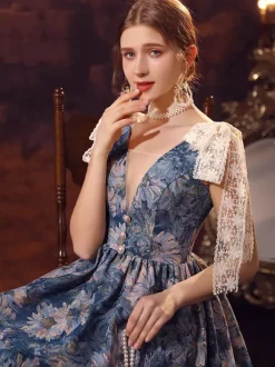Costumes rétro bleus pour femmes robe en Polyester avec n艙uds en dentelle Costume Renaissance Marie Antoinette Costume du 18ème siècle