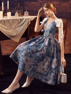 Costumes rétro bleus pour femmes robe en Polyester avec n艙uds en dentelle Costume Renaissance Marie Antoinette Costume du 18ème siècle