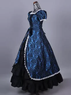 Costumes rétro bleus pour femmes imprimé floral volants polyester ensemble de costumes Marie Antoinette robe de bal masqué rétro