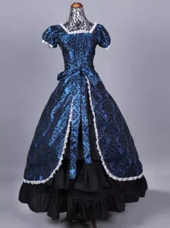 Costumes rétro bleus pour femmes imprimé floral volants polyester ensemble de costumes Marie Antoinette robe de bal masqué rétro