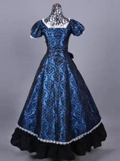 Costumes rétro bleus pour femmes imprimé floral volants polyester ensemble de costumes Marie Antoinette robe de bal masqué rétro