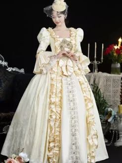 Costumes rétro champagne pour femmes volants en dentelle couvre-chef en polyester costume rétro de Marie-Antoinette costume du XVIIIe siècle
