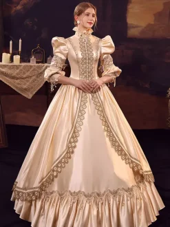 Costumes rétro champagne Robe en polyester Robe de bal de soirée pour femmes de style européen Marie Antoinette