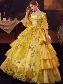 Costumes rétro dorés Robe en polyester Costume Marie Antoinette Robe de bal de mascarade gothique pour femmes