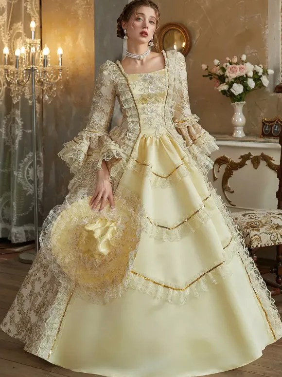 Costumes rétro jaunes à volants en polyester pour femmes costume de Marie-Antoinette de style baroque vêtements vintage