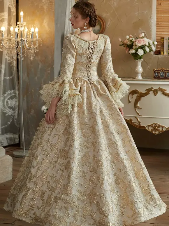 Costumes rétro jaunes à volants en polyester pour femmes costume de Marie-Antoinette de style baroque vêtements vintage