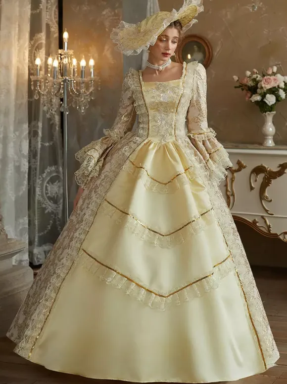 Costumes rétro jaunes à volants en polyester pour femmes costume de Marie-Antoinette de style baroque vêtements vintage