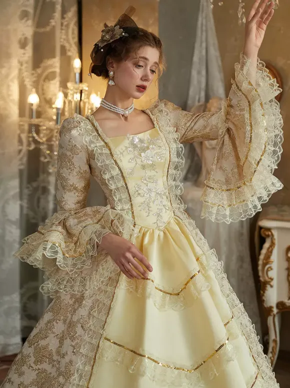 Costumes rétro jaunes à volants en polyester pour femmes costume de Marie-Antoinette de style baroque vêtements vintage