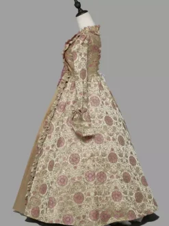 Costumes rétro marron clair femmes imprimé floral volants arcs Costume Marie Antoinette robe tunique en Polyester Costume rétro du XVIIIe siècle