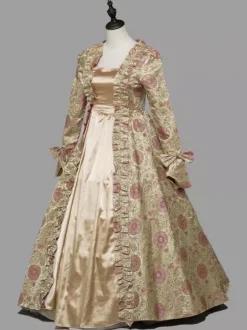 Costumes rétro marron clair femmes imprimé floral volants arcs Costume Marie Antoinette robe tunique en Polyester Costume rétro du XVIIIe siècle