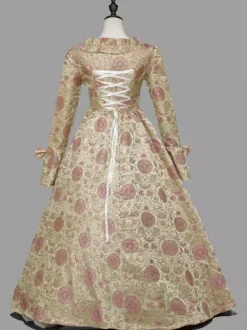 Costumes rétro marron clair femmes imprimé floral volants arcs Costume Marie Antoinette robe tunique en Polyester Costume rétro du XVIIIe siècle