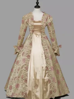 Costumes rétro marron clair femmes imprimé floral volants arcs Costume Marie Antoinette robe tunique en Polyester Costume rétro du XVIIIe siècle