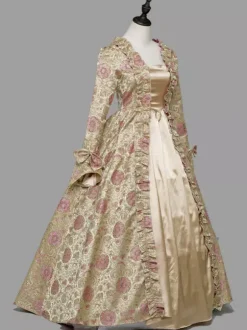 Costumes rétro marron clair femmes imprimé floral volants arcs Costume Marie Antoinette robe tunique en Polyester Costume rétro du XVIIIe siècle