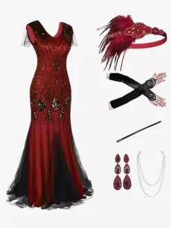 Costumes rétro noir rouge paillettes Polyester accessoire femmes vintage Marie Antoinette ensemble de robe de bal de fête Bourgogne