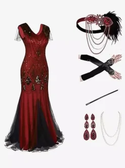 Costumes rétro noir rouge paillettes Polyester accessoire femmes vintage Marie Antoinette ensemble de robe de bal de fête Bourgogne