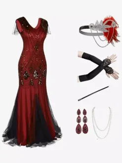 Costumes rétro noir rouge paillettes Polyester accessoire femmes vintage Marie Antoinette ensemble de robe de bal de fête Bourgogne