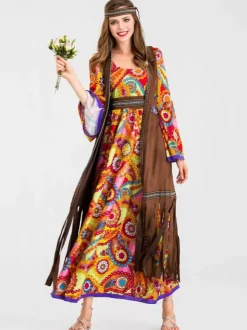 Costumes rétro Orange Polyester imprimé floral Costume Marie-Antoinette Gilet Hippies Tunique Costume du XVIIIe siècle Ensemble complet