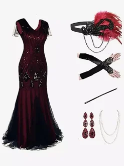 Costumes Rétro Robe De Bal Vintage Longue Bordeaux À Franges Paillettes Ensemble Accessoire Bourgogne