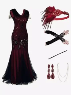Costumes Rétro Robe De Bal Vintage Longue Bordeaux À Franges Paillettes Ensemble Accessoire Bourgogne