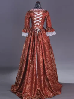 Costumes rétro roses Robe à imprimé floral en dentelle de polyester Costume Marie Antoinette Ensemble rétro pour femmes Costume du 18e siècle