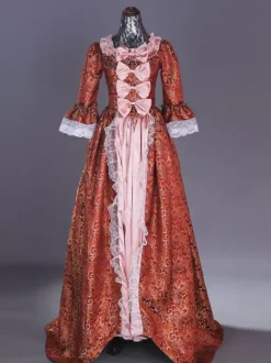 Costumes rétro roses Robe à imprimé floral en dentelle de polyester Costume Marie Antoinette Ensemble rétro pour femmes Costume du 18e siècle