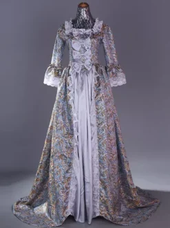 Costumes rétro roses Robe à imprimé floral en dentelle de polyester Costume Marie Antoinette Ensemble rétro pour femmes Costume du 18e siècle