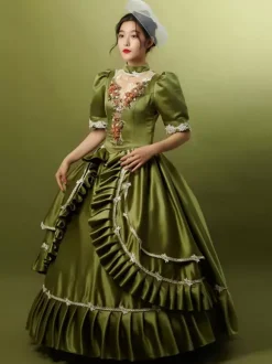 Costumes rétro vert chasseur chapeau à volants en Polyester pour femmes Costume Marie Antoinette robe de bal de fête rétro
