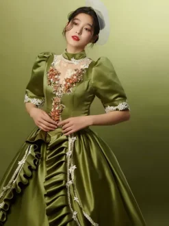 Costumes rétro vert chasseur chapeau à volants en Polyester pour femmes Costume Marie Antoinette robe de bal de fête rétro