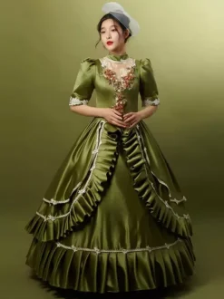 Costumes rétro vert chasseur chapeau à volants en Polyester pour femmes Costume Marie Antoinette robe de bal de fête rétro