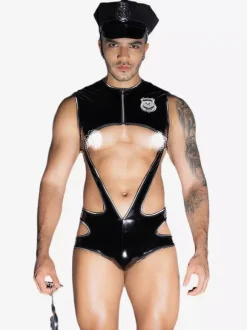 Costumes sexy pour hommes avec casquette de policier Rave Club Combinaison et chapeau en polyester