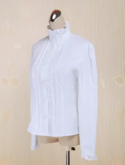 Coton blanc Lolita Blouse manches longues Stand collier dentelle Ruffles garniture Déguisements Halloween