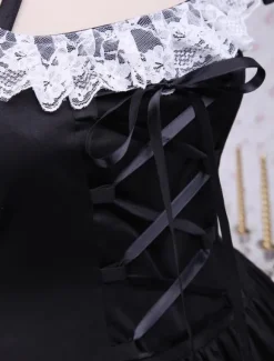 Coton noir Lolita OP robe manches courtes avec dentelle haut et White Lace Trim Déguisements