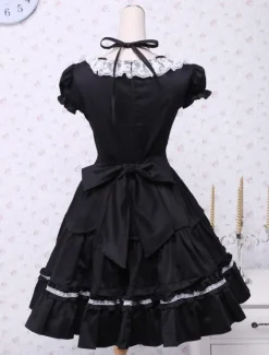 Coton noir Lolita OP robe manches courtes avec dentelle haut et White Lace Trim Déguisements