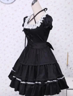 Coton noir Lolita OP robe manches courtes avec dentelle haut et White Lace Trim Déguisements