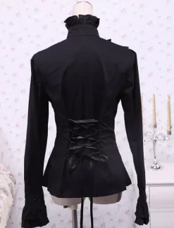 Coton noir Lolita Blouse manches longues Stand collier volants Bow Déguisements Halloween