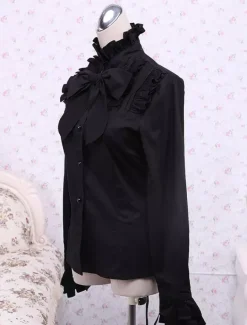 Coton noir Lolita Blouse manches longues Stand collier volants Bow Déguisements Halloween