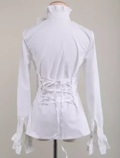Coton noir Lolita Blouse manches longues Stand collier volants Bow Déguisements Halloween