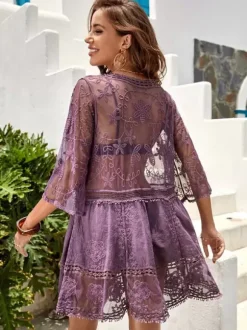 Couvre-maillot Courte Femme à Col Décolleté avec Manches Longues Bas Evasée Unicolore