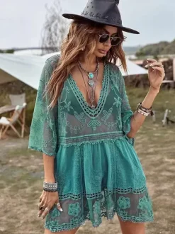 Couvre-maillot Courte Femme à Col Décolleté avec Manches Longues Bas Evasée Unicolore