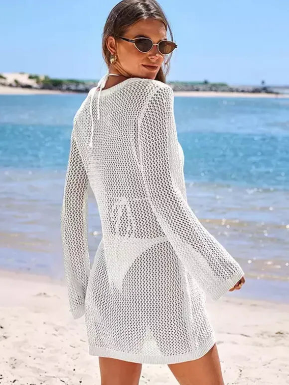Couvre-maillot Femmes Blanc Découpé Col En V Manches Longues Acrylique Été Sexy Maillots De Bain