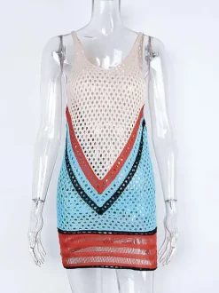 Couvre Maillot en Maille Femme Transparente à Col Décolleté en V avec Bretelles Tricolores Couvre Maillot Sexy