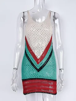 Couvre Maillot en Maille Femme Transparente à Col Décolleté en V avec Bretelles Tricolores Couvre Maillot Sexy