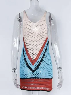 Couvre Maillot en Maille Femme Transparente à Col Décolleté en V avec Bretelles Tricolores Couvre Maillot Sexy