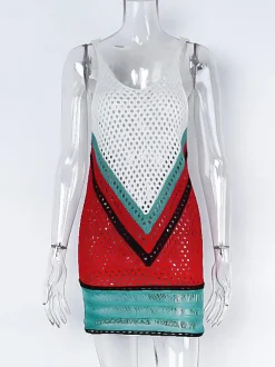 Couvre Maillot en Maille Femme Transparente à Col Décolleté en V avec Bretelles Tricolores Couvre Maillot Sexy