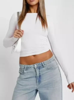 Crop top ajusté à manches longues et col rond pour femme - T-shirt basique doux et extensible coupe slim Y2K - Streetwear printemps 2026