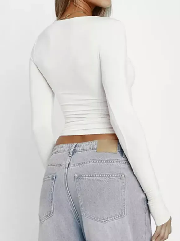 Crop top ajusté à manches longues et col rond pour femme - T-shirt basique doux et extensible coupe slim Y2K - Streetwear printemps 2026