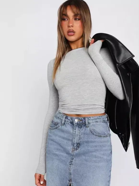 Crop top ajusté à manches longues et col rond pour femme - T-shirt basique doux et extensible coupe slim Y2K - Streetwear printemps 2026